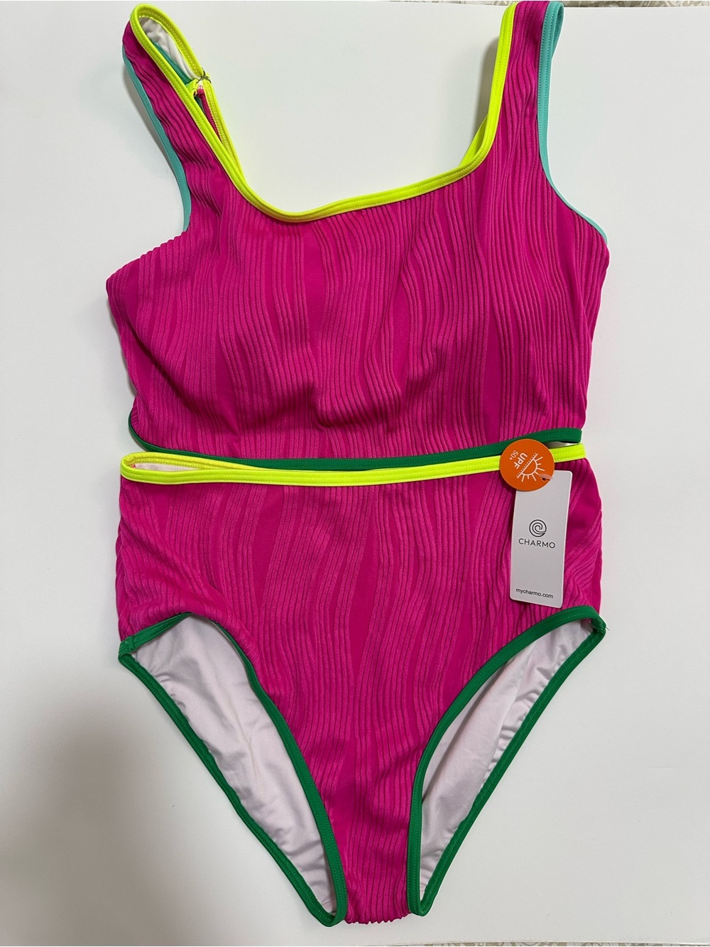 Charmo 2-Piece Tankini Set - Pink Ribbed with Neon Trim - Size M - UPF 50+
